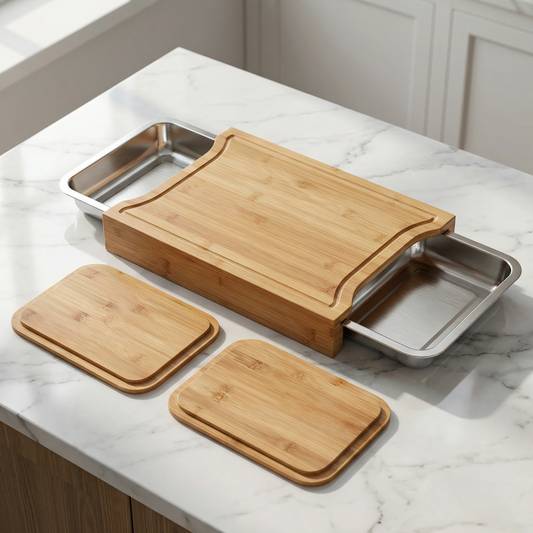 SlidePrep™ Bamboo Cutting Board with Stainless Steel Trays
